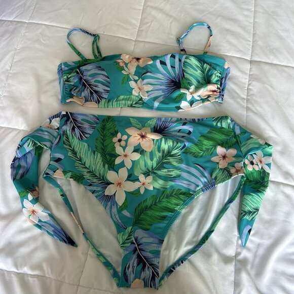 Kona Sol Bandeau Bikini Top Bottoms Blue Tropical Adjustable Straps Womens XL - Picture 1 of 5